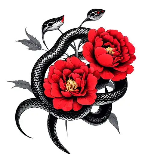 Red Peonies With Interwoven Black And Gray Snake Wrapped