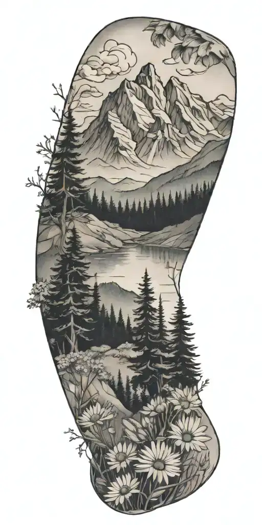 A Tattoo Of A Mountain Landscape With Pine Trees And Daisies Scattered Throughout