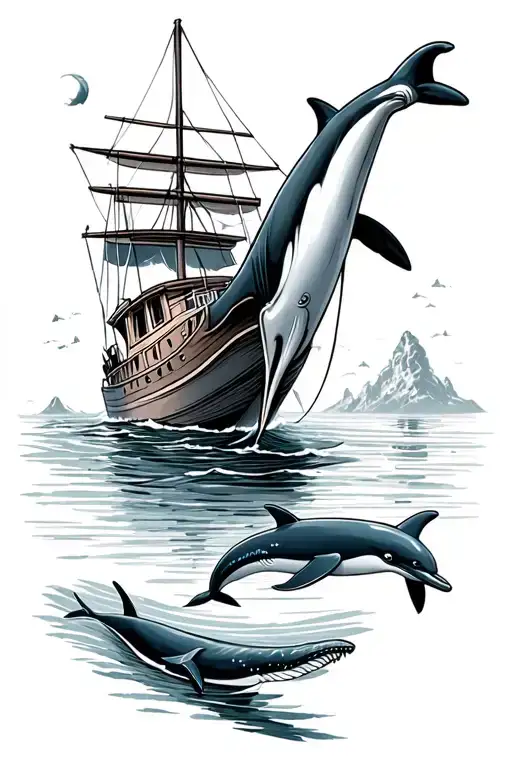 Boat On The Water With A Dolphin And A Blue Whale Swimming Underneath