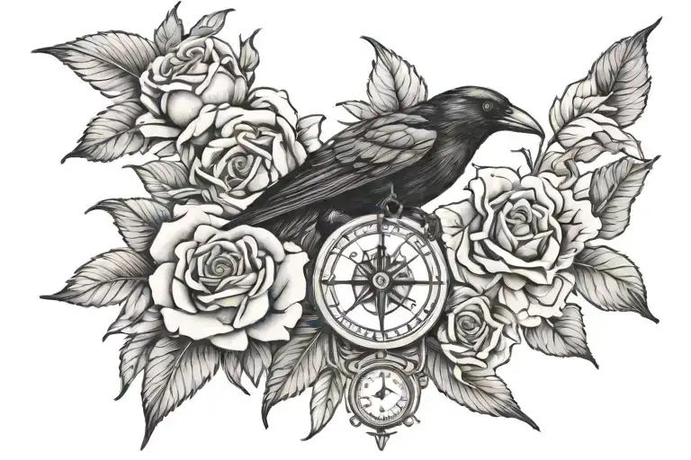 Crow And Roses And Compass