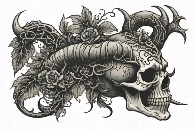 Horns Demon Skull With Plant Intertwined Vines