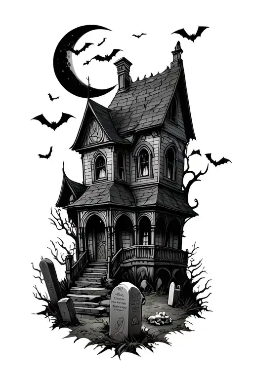 Haunted House With Grave Yard And Bats Moon