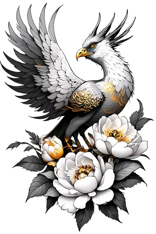 Phoenix With Peonies And Magnolia Flowers With Gold Veins
