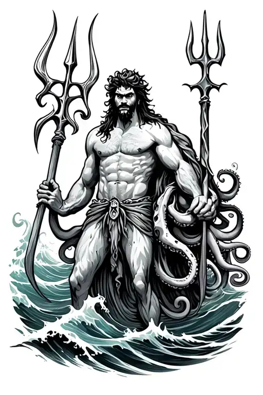 Poseidon With Trident And Octopus Legs On Waves A Little Bit Angry
