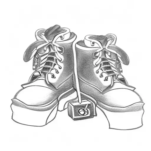 A Detailed Black And Grey Sketch Of A Hiking Boot With Musical Notes Incorporated Into The Laces