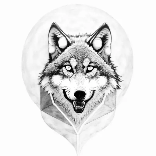 A Black-grey Tattoo Of A Wolf Howling At The Moon Surrounded By Geometric Shapes