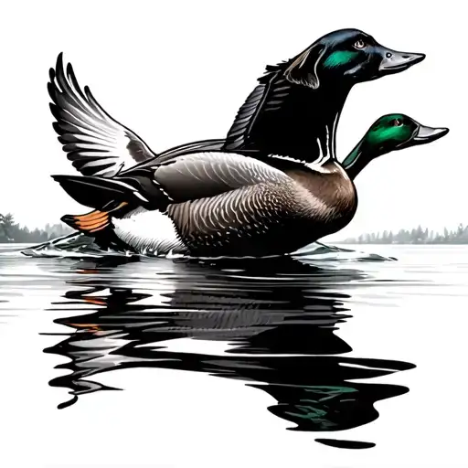 Ducks Flying Lab Dog Portrait Over Water