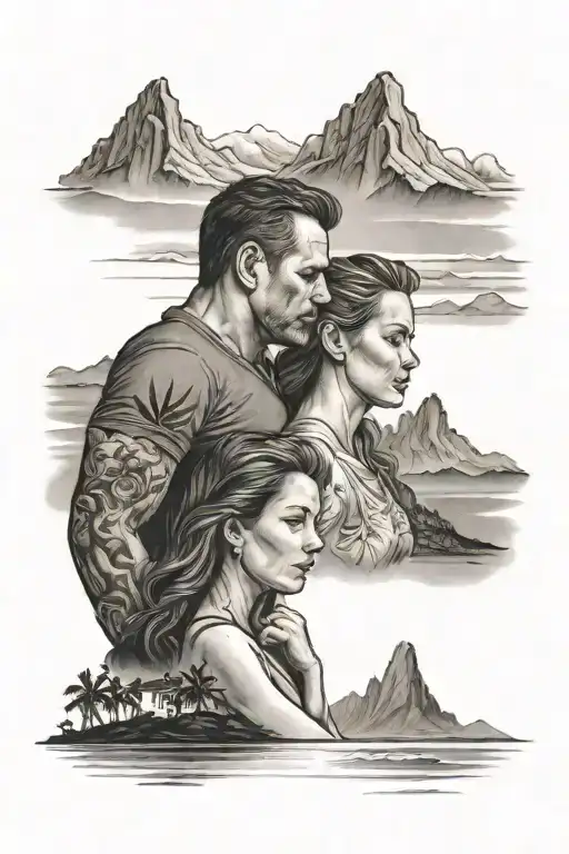 Dad Mom And Daughter On Beach With Mountains In The Background