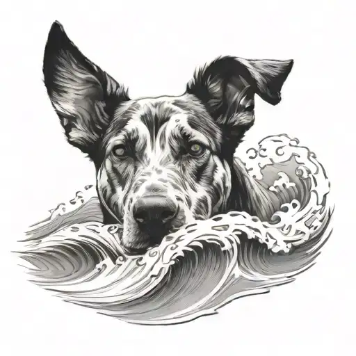 A Black And Grey Portrait Of A Dog Playing In The Waves On A Maui Beach