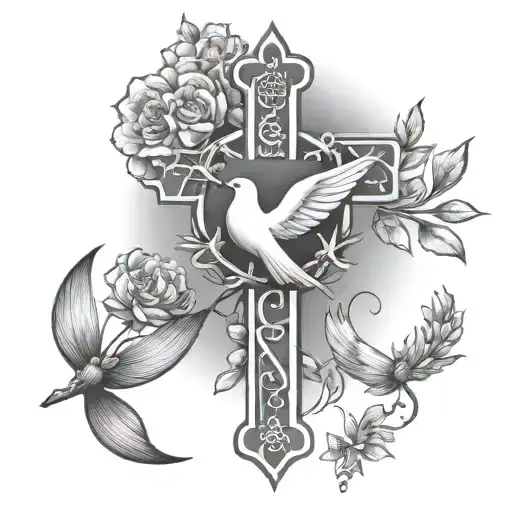 Roman Catholic Cross With Dove Hand Coming From The Heaven And An Olive Branch