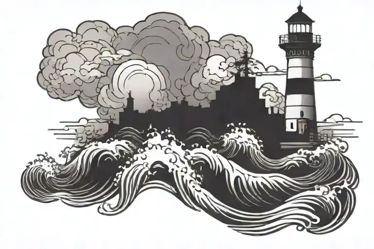 Lighthouse Illuminated With Sea Waves And Clouds Surrounding