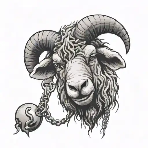 A Creepy Black Sheep With Scars On Its Head And A Crazy Smile That Is Trapped In Chains