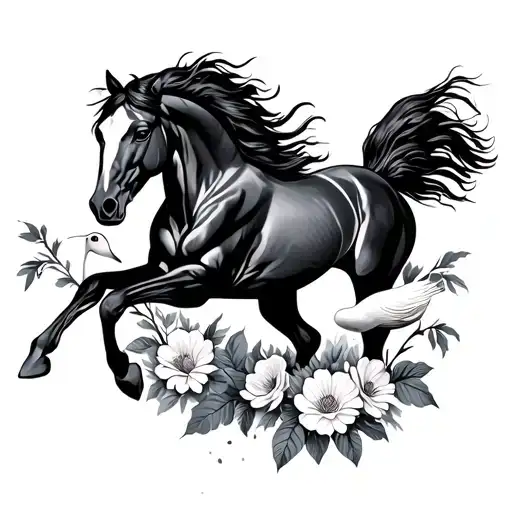 Horse Galloping Through Flowers With Duck