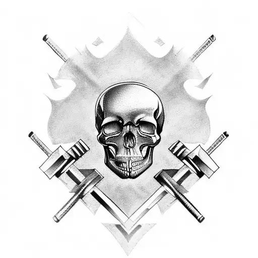 Design A Tattoo Showcasing A Skull Surrounded By Barbells And Heavy Metal Symbols