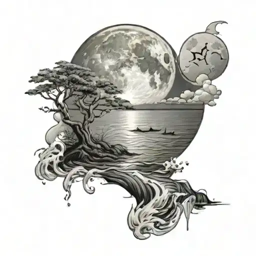 A Serene Ocean Scene With A Full Moon Reflecting On The Water