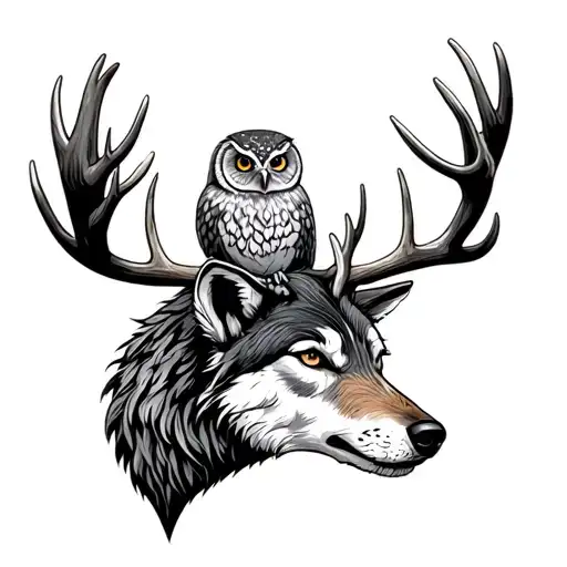 Scottish Stag Head Wolf Head Owl Perched On Top Separate Animals
