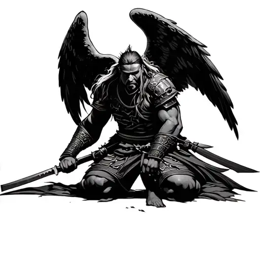 Weary Warrior Angel Kneeling Samurai Leaning