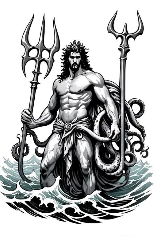 Poseidon With Trident And Octopus Legs On Waves A Little Bit Angry