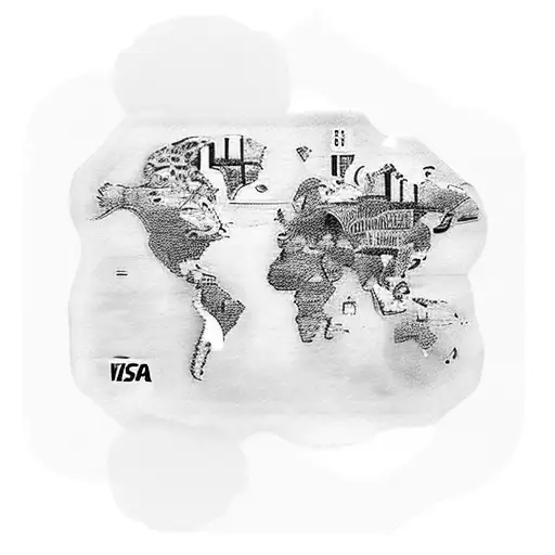 A Visa Stamp Collage Featuring Landmarks From Different Countries