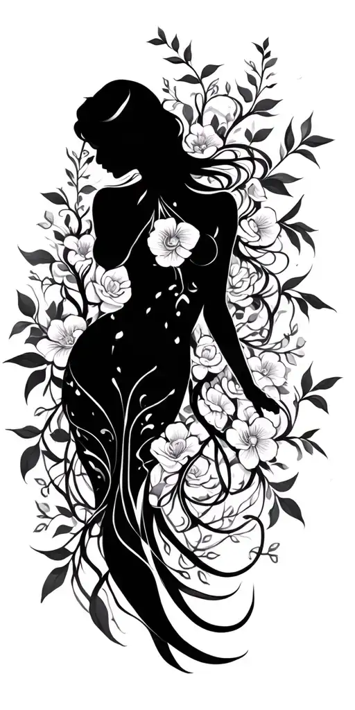 Sensual Woman Full Body Silhouette Intertwined With Vines And Flowers Loosely