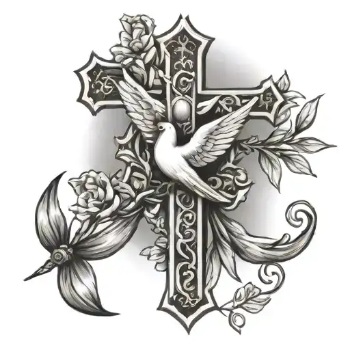Roman Catholic Cross With Dove Hand Coming From The Heaven And An Olive Branch