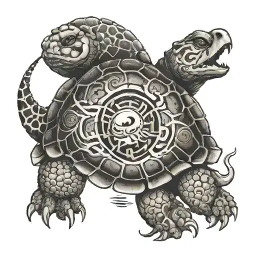 Turtle With Shell Yin And Yang Represented By Tiger And Dragon