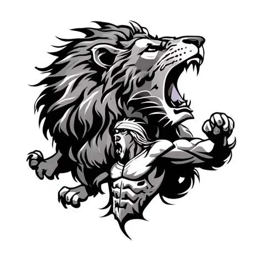 Lion Roaring On Top And Spartan In Middle Surrounded