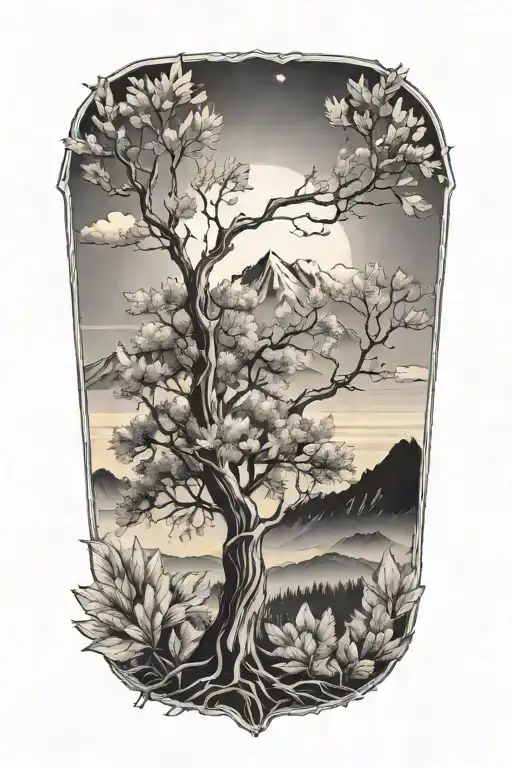 Tree With A Mountain Range In The Background With Autumn Leaves And Sunshine