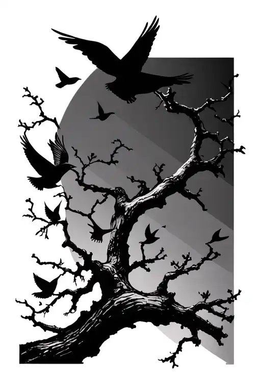 Tree Branch Pattern With Birds Flying Above