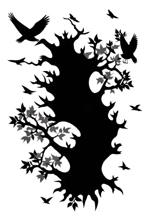 Tree Branch Pattern With Small Birds Flying Above