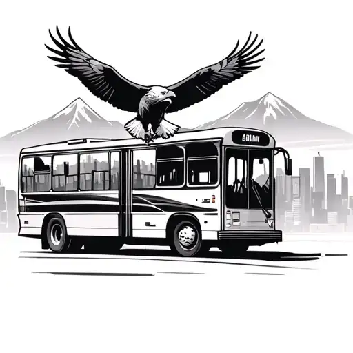 Bus Driving Through The City With Mountains In The Background A Bald Eagle Landing On The Bus