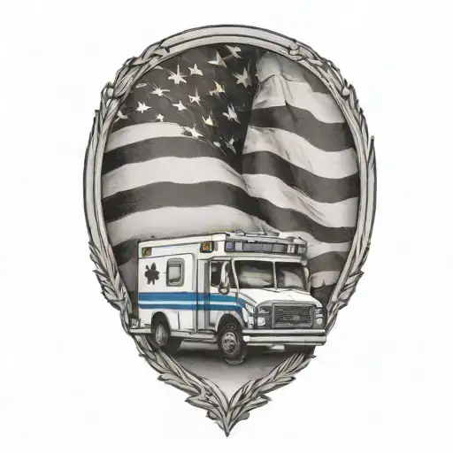 A Black-grey Tattoo Of An Ambulance With The American Flag Waving In The Background