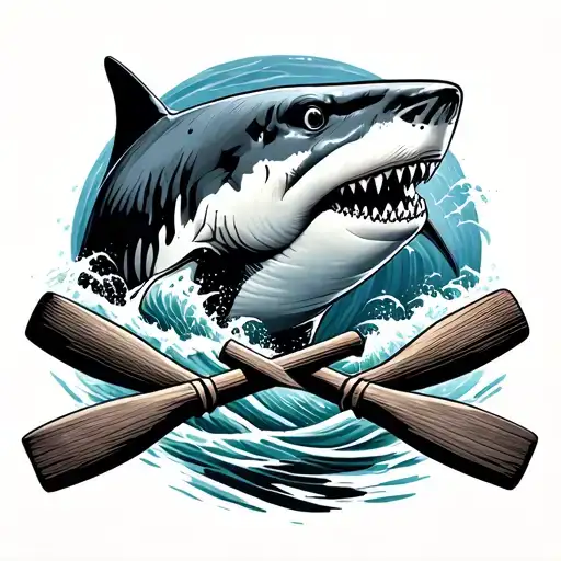 Shark In Front Of Crossed Rowing Oars With Waves Flowing