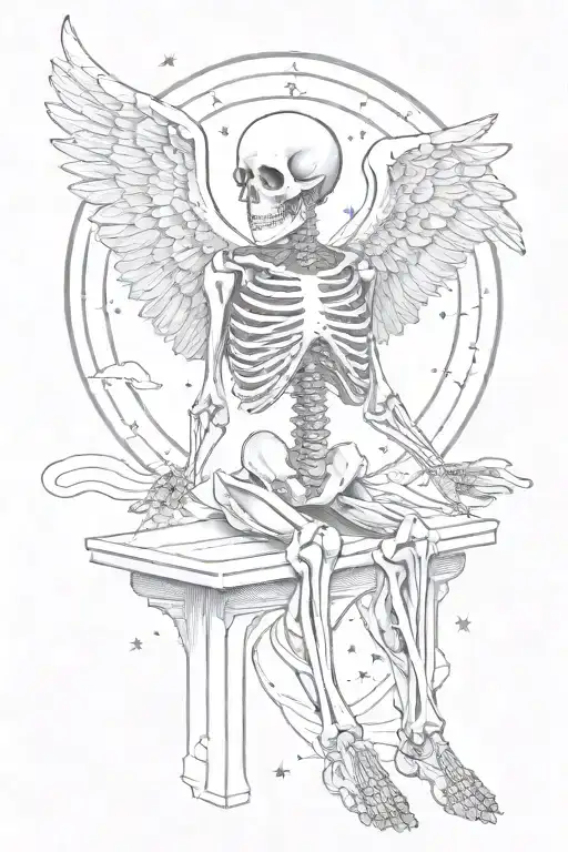 A Skeleton Angel Praying With A Celestial Background And Stars Shining Behind It