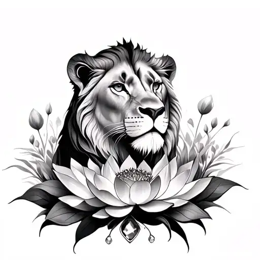 Lioness With Jewel And Lotus Flowers Growing