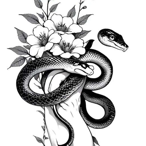 A Snake Wrapped In The Hand With Flowers