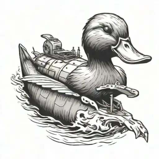 A Duck Holding A Broken In Half Submarine In Its Mouth