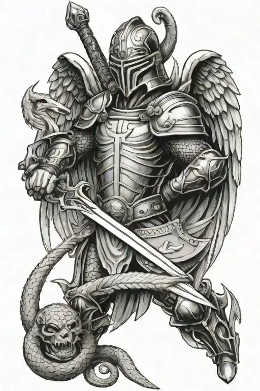 Arch Angel Micheal With Helmet And Shield Holding A Sword Killing A Snake