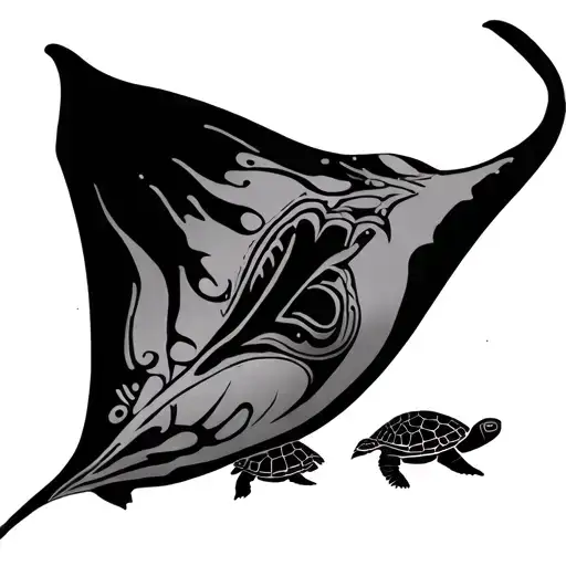 Manta Ray And Polynesian Tortu Black And White