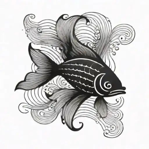 A Minimalistic Tattoo Of A Simple Fish Silhouette With Waves Underneath