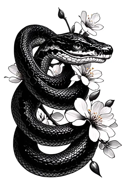 Garter Snake With Cherry Blossoms