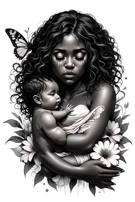 Butterflies Flowers Crying Black Woman Holding A Baby