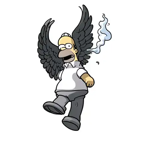 Coverup Tattoo For Above The Knee Of Homer Simpson Smoking Flying From The Sky With Angel Wings