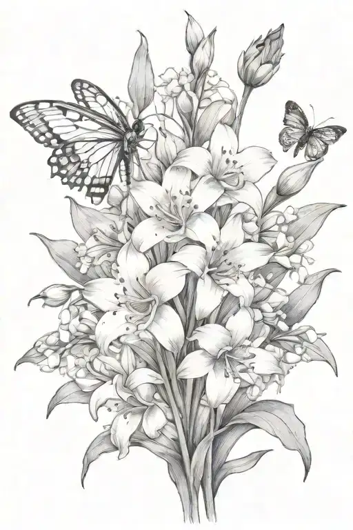 Lily Of The Valley Gladiolus Lotus Flowers Blooming With Bumblebee Flying Towards Living