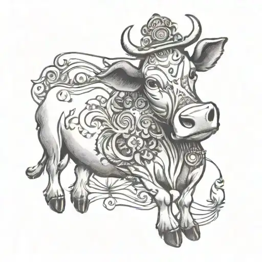 A Mystical Black And Grey Tattoo Of A Singing Cow With Intricate Texas-themed Details