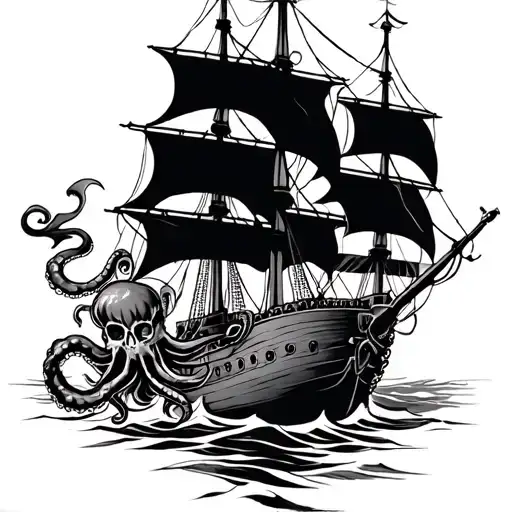 Simple Stencle Of Pirate Ship And Octupus Battle