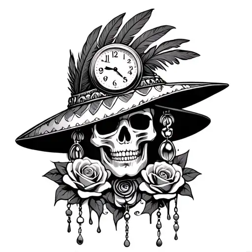 Rosary Beads With Skull Wearing Feather Indian Hat Melting Clock Roses To