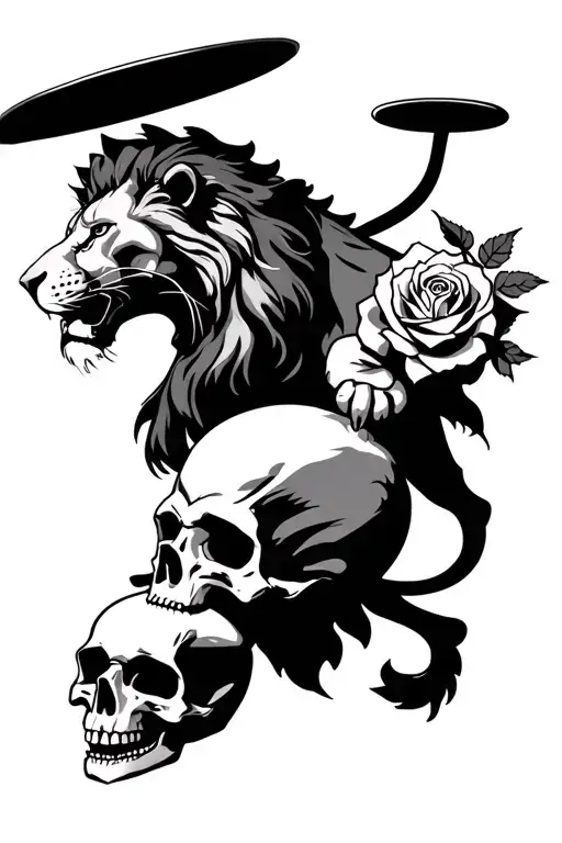 A Lion Crushing A Skull With A Rose In Its Mouth With A Halo Above The Lion