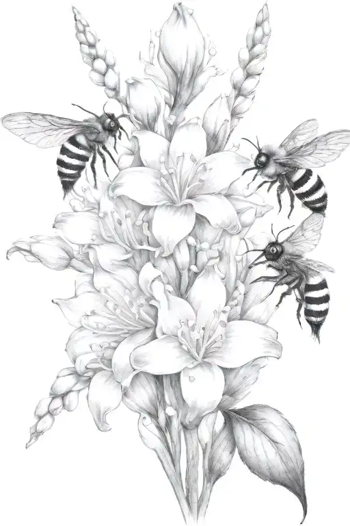 Lily Of The Valley Gladiolus Lotus Flowers Interwined With Bumblebee Flying Towards Living