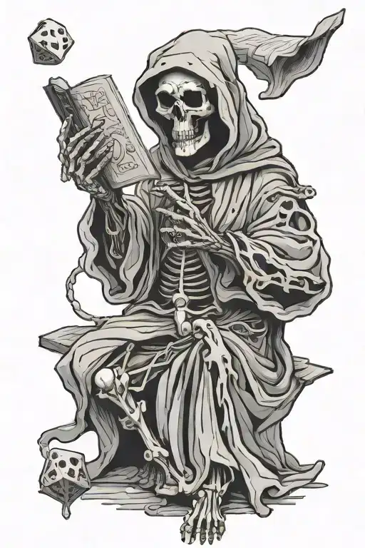 Robed Skeleton Lich With A Hood Holding A Book In One Hand And Floating Dice In The Other